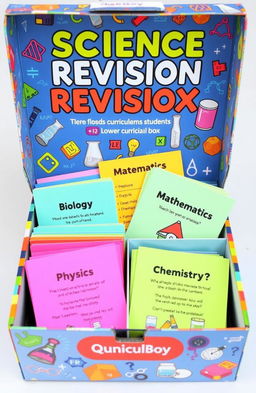 A vibrant and engaging science revision box filled with colorful questions for lower curriculum students in biology, mathematics, physics, and chemistry