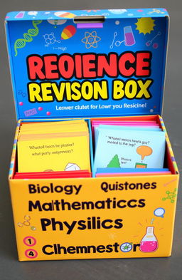 A vibrant and engaging science revision box filled with colorful questions for lower curriculum students in biology, mathematics, physics, and chemistry