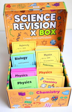 A vibrant and engaging science revision box filled with colorful questions for lower curriculum students in biology, mathematics, physics, and chemistry