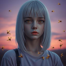 An 18-year-old girl with straight white shoulder-length hair and amber eyes, displaying a deadpan expression and pale skin, set against a lavender-colored background depicting a sunrise