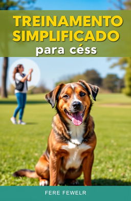 An eye-catching ebook cover for the title 'Treinamento simplificado para cães' featuring a friendly and well-trained dog, sitting attentively