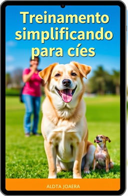 An eye-catching ebook cover for the title 'Treinamento simplificado para cães' featuring a friendly and well-trained dog, sitting attentively