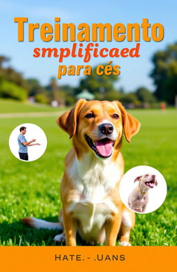 An eye-catching ebook cover for the title 'Treinamento simplificado para cães' featuring a friendly and well-trained dog, sitting attentively