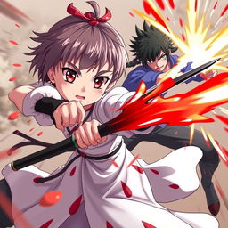 A powerful and determined 12-year-old empress named Sakura, boasting striking red eyes, a cute face with small lips and nose, and short hair