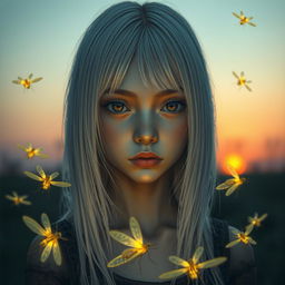 An 18-year-old girl with straight white shoulder-length hair and amber eyes, displaying a deadpan expression and pale skin, set against a lavender-colored background depicting a sunrise