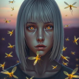An 18-year-old girl with straight white shoulder-length hair and amber eyes, displaying a deadpan expression and pale skin, set against a lavender-colored background depicting a sunrise