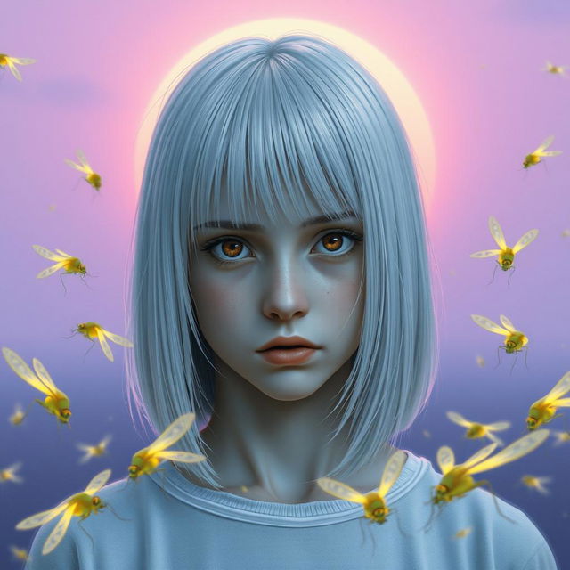 An 18-year-old girl with straight white shoulder-length hair and amber eyes, displaying a deadpan expression and pale skin, set against a lavender-colored background depicting a sunrise