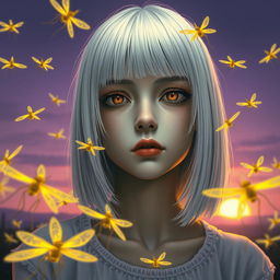 An 18-year-old girl with straight white shoulder-length hair and amber eyes, displaying a deadpan expression and pale skin, set against a lavender-colored background depicting a sunrise