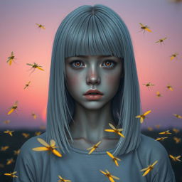 An 18-year-old girl with straight white shoulder-length hair and amber eyes, exhibiting a deadpan expression and pale skin, with no smile, against a lavender-colored background that resembles a sunrise