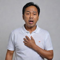 A distressed 50-year-old Malay man, dressed in a white polo t-shirt, stands gasping for breath, a sorrowful expression on his face. Both hands are placed on his chest as he experiences a heart attack, presented on a neutral background.