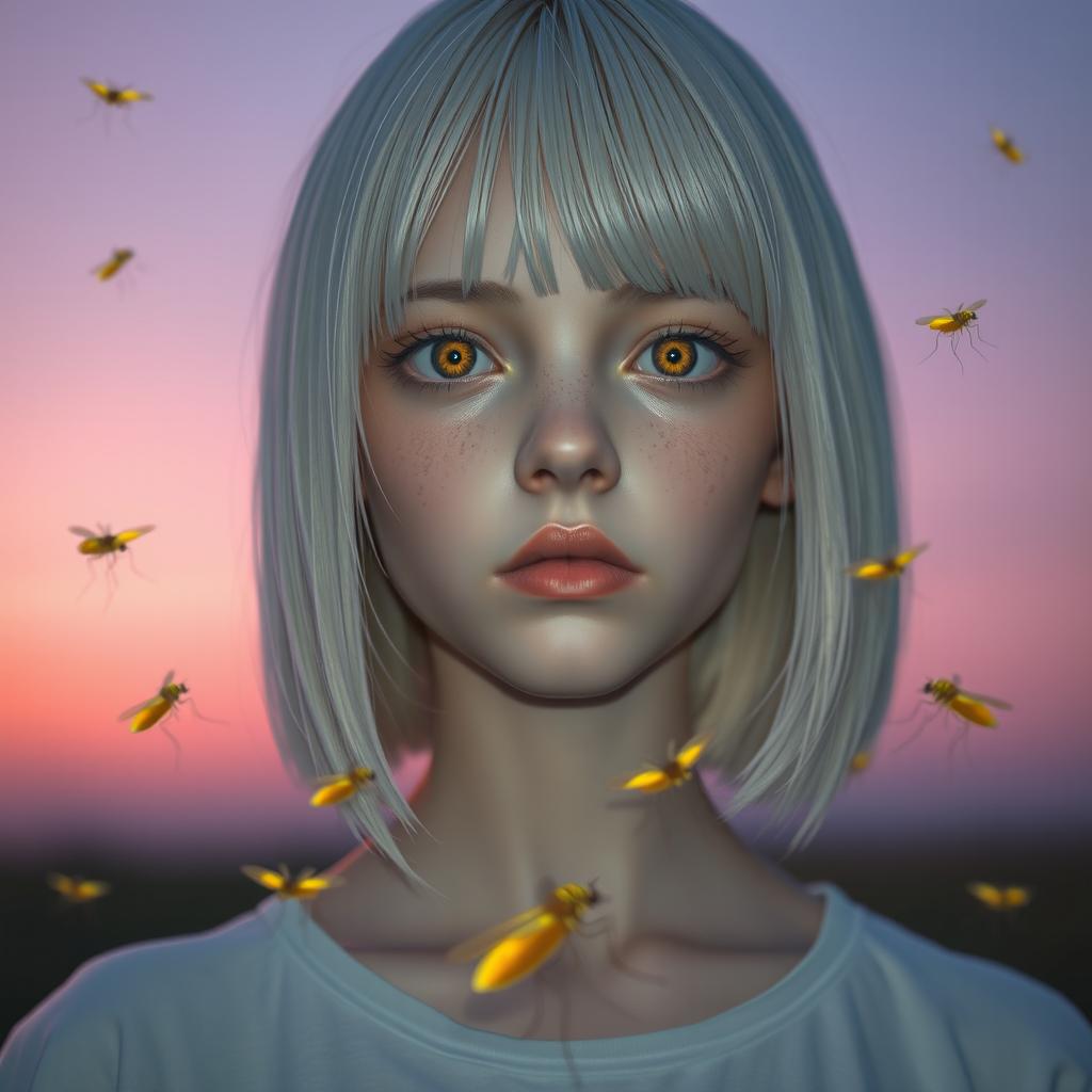 An 18-year-old girl with straight white shoulder-length hair and amber eyes, exhibiting a deadpan expression and pale skin, with no smile, against a lavender-colored background that resembles a sunrise