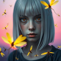 An 18-year-old girl with straight white shoulder-length hair and amber eyes, exhibiting a deadpan expression and pale skin, with no smile, against a lavender-colored background that resembles a sunrise