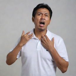 A 50-year-old Malay man, donned in a white polo t-shirt, stands gasping for air, a pleading expression on his face seeking help. Both his hands clutch his chest as he endures a heart attack, depicted against a neutral background.