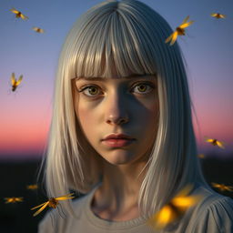 An 18-year-old girl with straight white shoulder-length hair and amber eyes, showcasing a deadpan gaze and pale skin, with no smile
