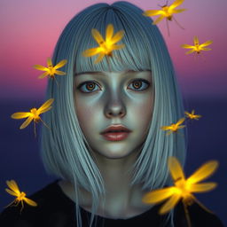An 18-year-old girl with straight white shoulder-length hair and amber eyes, showcasing a deadpan gaze and pale skin, with no smile