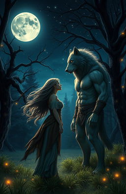 A romantic werewolf love story set in a mystical forest under a starry night sky