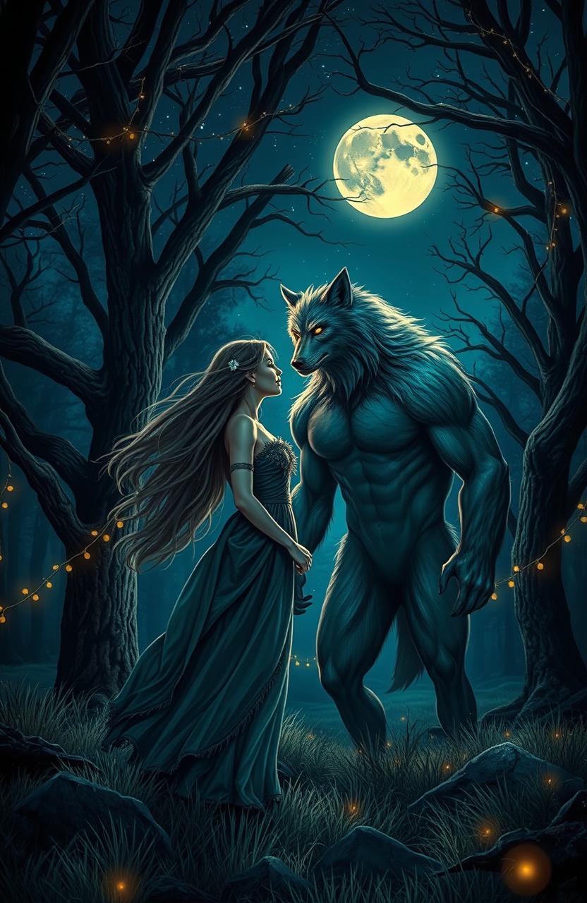 A romantic werewolf love story set in a mystical forest under a starry night sky