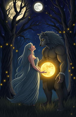 A romantic werewolf love story set in a mystical forest under a starry night sky