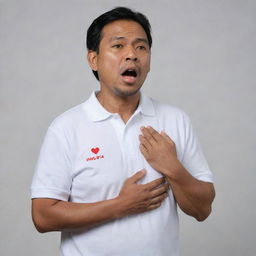 A 50-year-old Malay man, donned in a white polo t-shirt, stands gasping for air, a pleading expression on his face seeking help. Both his hands clutch his chest as he endures a heart attack, depicted against a neutral background.