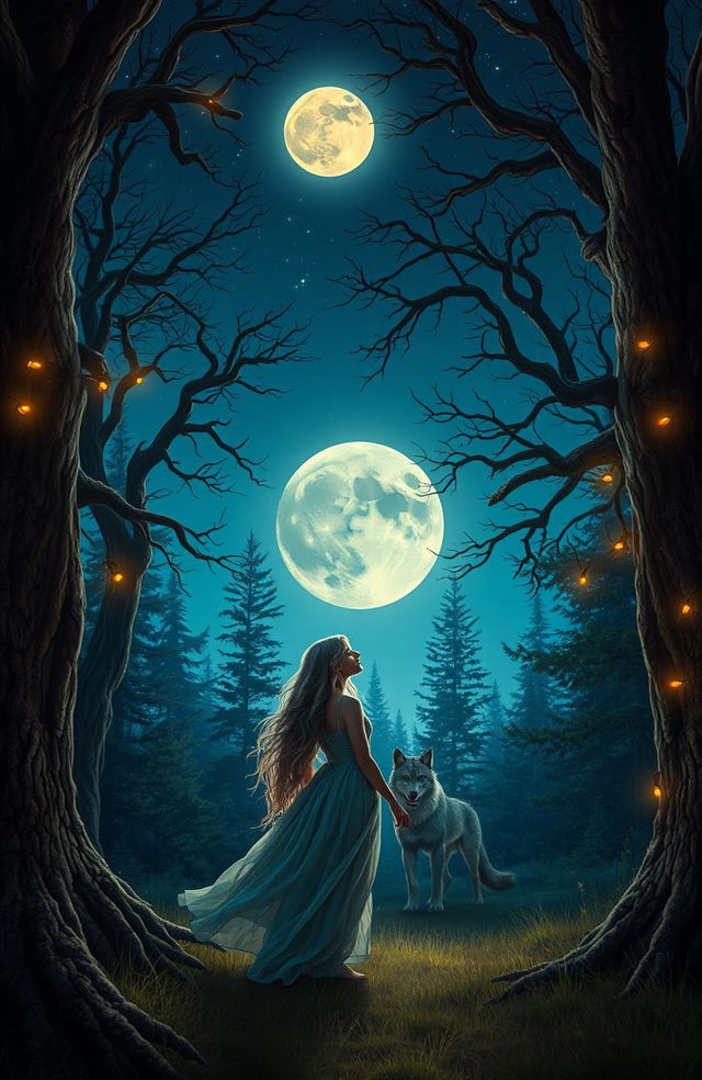 A romantic werewolf love story set in a mystical forest under a starry night sky