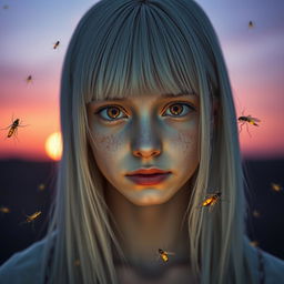 An 18-year-old girl with straight white shoulder-length hair and amber eyes that reflect a lifeless gaze