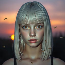 An 18-year-old girl with straight white shoulder-length hair and amber eyes that reflect a lifeless gaze