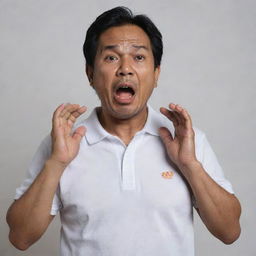 A 50-year-old Malay man, donned in a white polo t-shirt, stands gasping for air, a pleading expression on his face seeking help. Both his hands clutch his chest as he endures a heart attack, depicted against a neutral background.