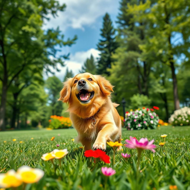 A captivating ebook cover featuring a beautiful golden retriever dog playing joyfully in a lush green park