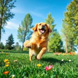A captivating ebook cover featuring a beautiful golden retriever dog playing joyfully in a lush green park