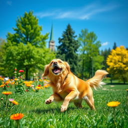 A captivating ebook cover featuring a beautiful golden retriever dog playing joyfully in a lush green park
