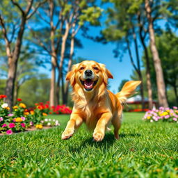 A captivating ebook cover featuring a beautiful golden retriever dog playing joyfully in a lush green park