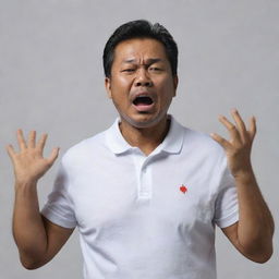 A 50-year-old Malay man, dressed in a white polo t-shirt, is in the midst of falling. He gasps for breath, his face desperately seeking help. Both hands are frantically clutching at his chest as he suffers a heart attack, against a neutral background.