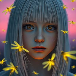 An 18-year-old girl with straight white shoulder-length hair and amber eyes, exhibiting a lifeless gaze