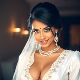 A stunning Indian woman in a provocative white bridal outfit featuring a deep neckline that reveals her large bust