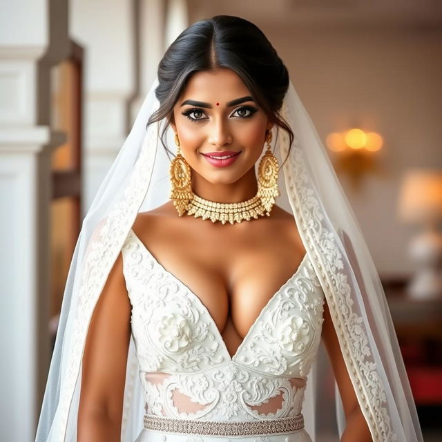 A stunning Indian woman in a provocative white bridal outfit featuring a deep neckline that reveals her large bust