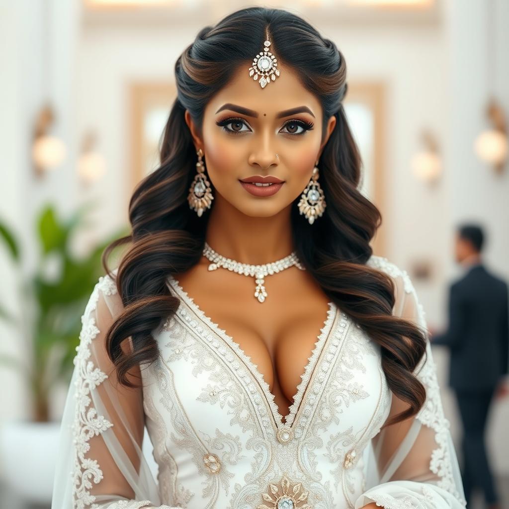 A stunning Indian woman in a provocative white bridal outfit featuring a deep neckline that reveals her large bust