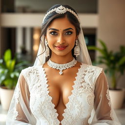 A stunning Indian woman in a provocative white bridal outfit featuring a deep neckline that reveals her large bust