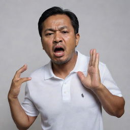 A 50-year-old Malay man, dressed in a white polo t-shirt, is in the midst of falling. He gasps for breath, his face desperately seeking help. Both hands are frantically clutching at his chest as he suffers a heart attack, against a neutral background.