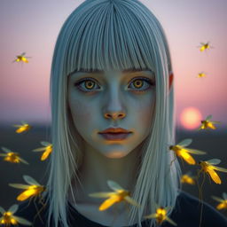 An 18-year-old girl with straight white shoulder-length hair and amber eyes that convey a lifeless gaze