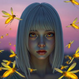 An 18-year-old girl with straight white shoulder-length hair and amber eyes that convey a lifeless gaze