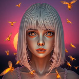 An 18-year-old girl with straight white shoulder-length hair and amber eyes that convey a lifeless gaze
