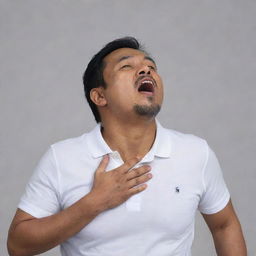 A 50-year-old Malay man, dressed in a white polo t-shirt, is in the midst of falling. He gasps for breath, his face desperately seeking help. Both hands are frantically clutching at his chest as he suffers a heart attack, against a neutral background.