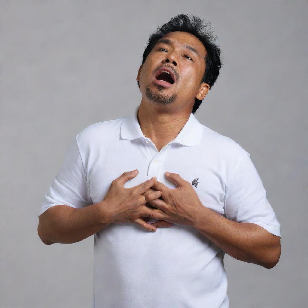 A 50-year-old Malay man, dressed in a white polo t-shirt, is in the midst of falling. He gasps for breath, his face desperately seeking help. Both hands are frantically clutching at his chest as he suffers a heart attack, against a neutral background.