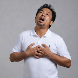 A 50-year-old Malay man, dressed in a white polo t-shirt, is in the midst of falling. He gasps for breath, his face desperately seeking help. Both hands are frantically clutching at his chest as he suffers a heart attack, against a neutral background.