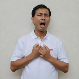 A 50-year-old Malay man, attired in a white polo t-shirt, stands next to a wall. He is gasping for air, his hands are on his chest as he experiences a heart attack. His face shows an expression of distress, displayed with a neutral background.