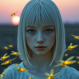 An 18-year-old girl with straight white shoulder-length hair and amber eyes that possess a lifeless gaze