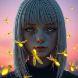 An 18-year-old girl with straight white shoulder-length hair and amber eyes that possess a lifeless gaze