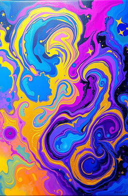 A vibrant and unique abstract painting depicting swirling colors and intricate patterns, reminiscent of a cosmic nebula