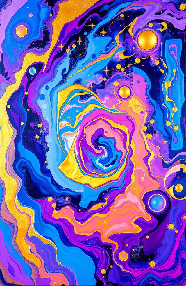 A vibrant and unique abstract painting depicting swirling colors and intricate patterns, reminiscent of a cosmic nebula