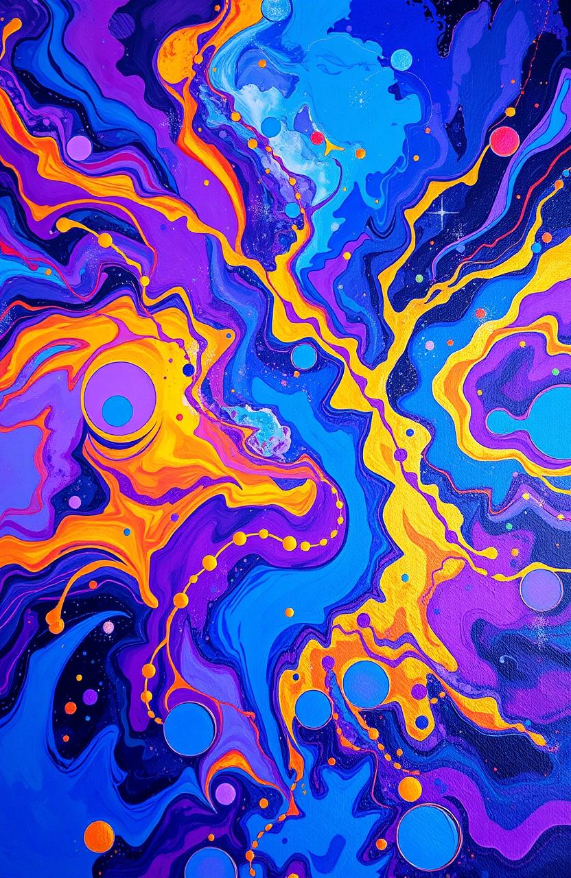 A vibrant and unique abstract painting depicting swirling colors and intricate patterns, reminiscent of a cosmic nebula